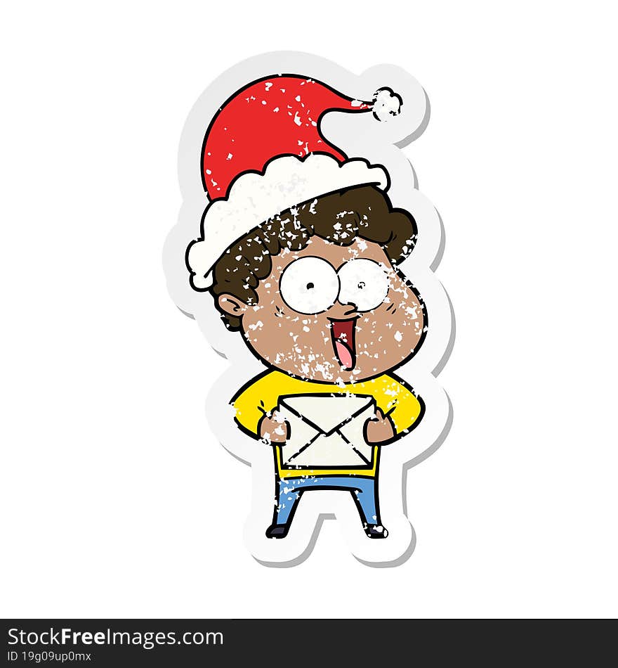 distressed sticker cartoon of a happy man wearing santa hat