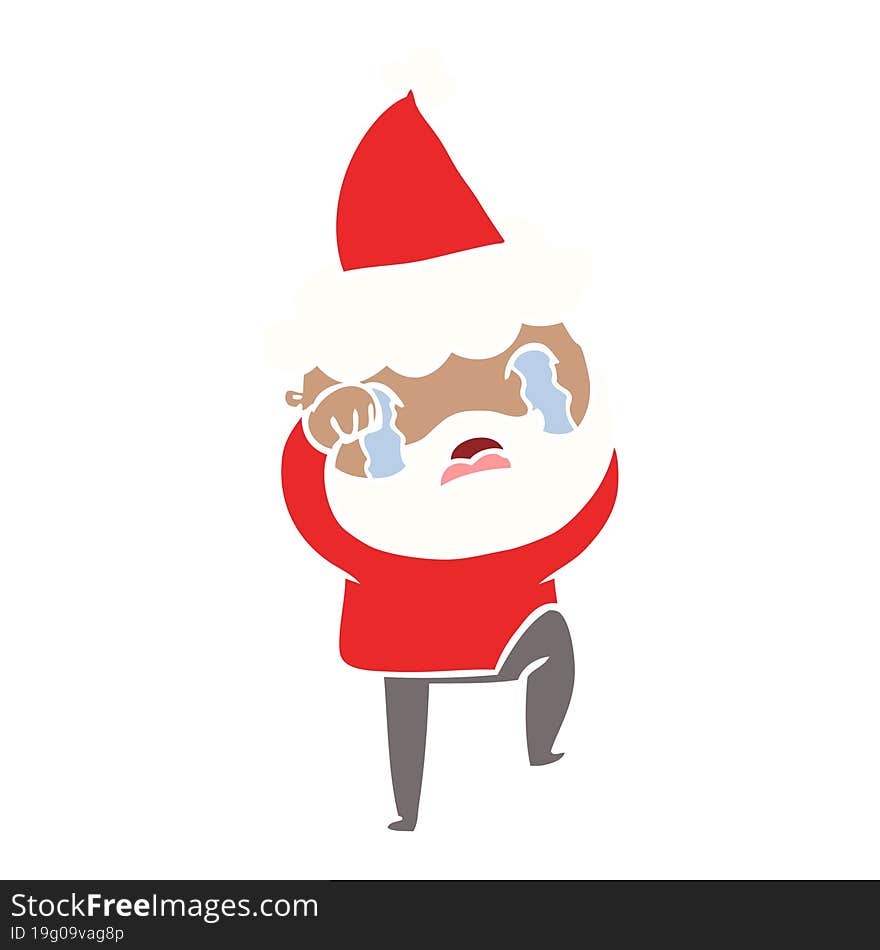 hand drawn flat color illustration of a bearded man crying and stamping foot wearing santa hat