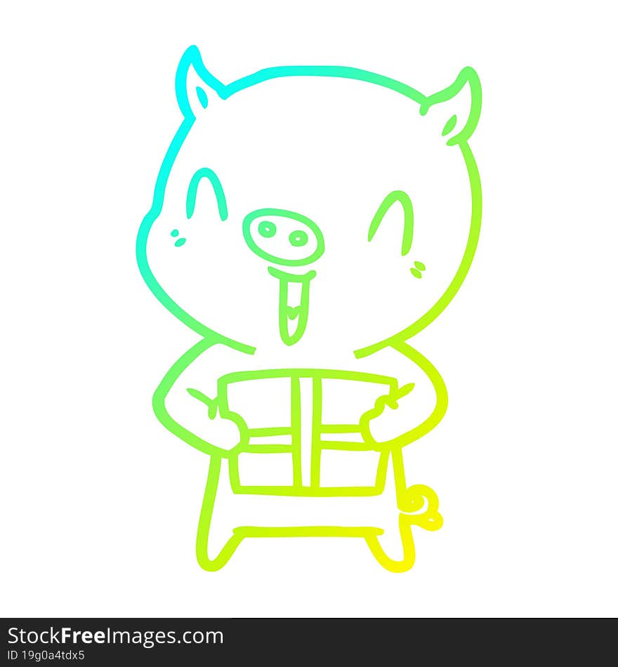 cold gradient line drawing of a happy cartoon pig with xmas present