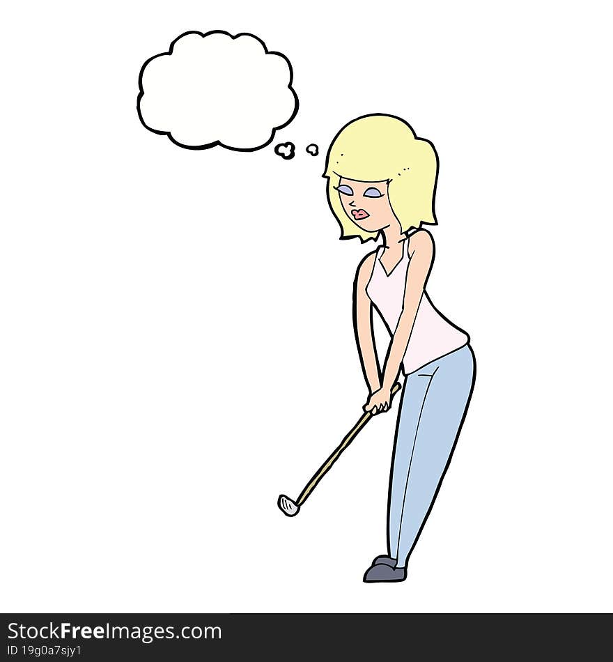 cartoon woman playing golf with thought bubble