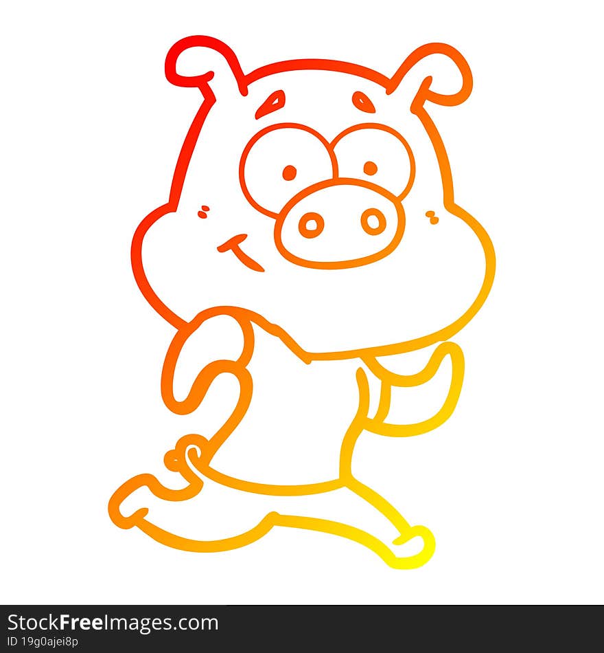 warm gradient line drawing happy cartoon pig running