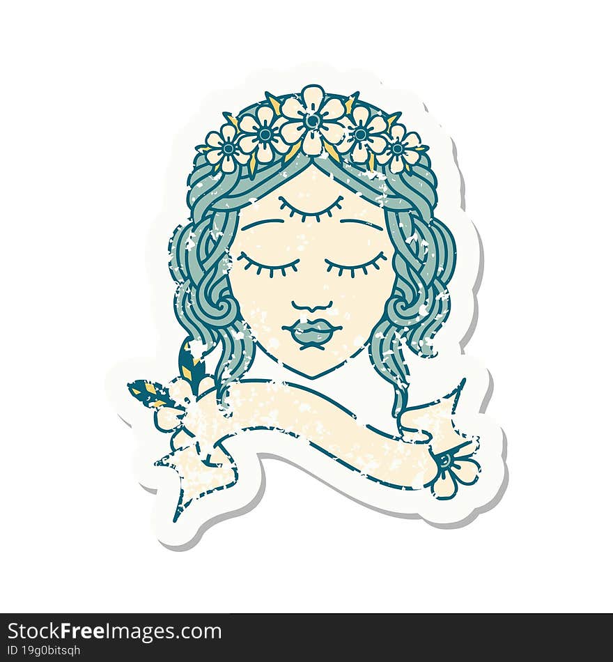 grunge sticker with banner of female face with third eye