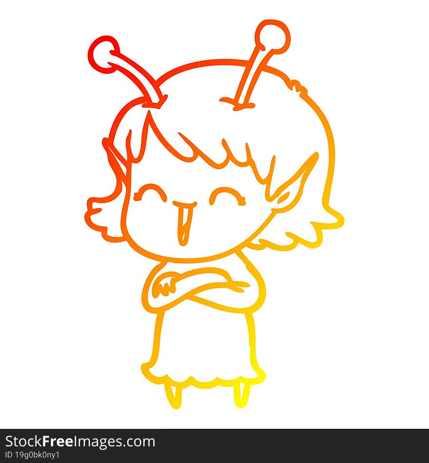 warm gradient line drawing of a cartoon alien girl laughing