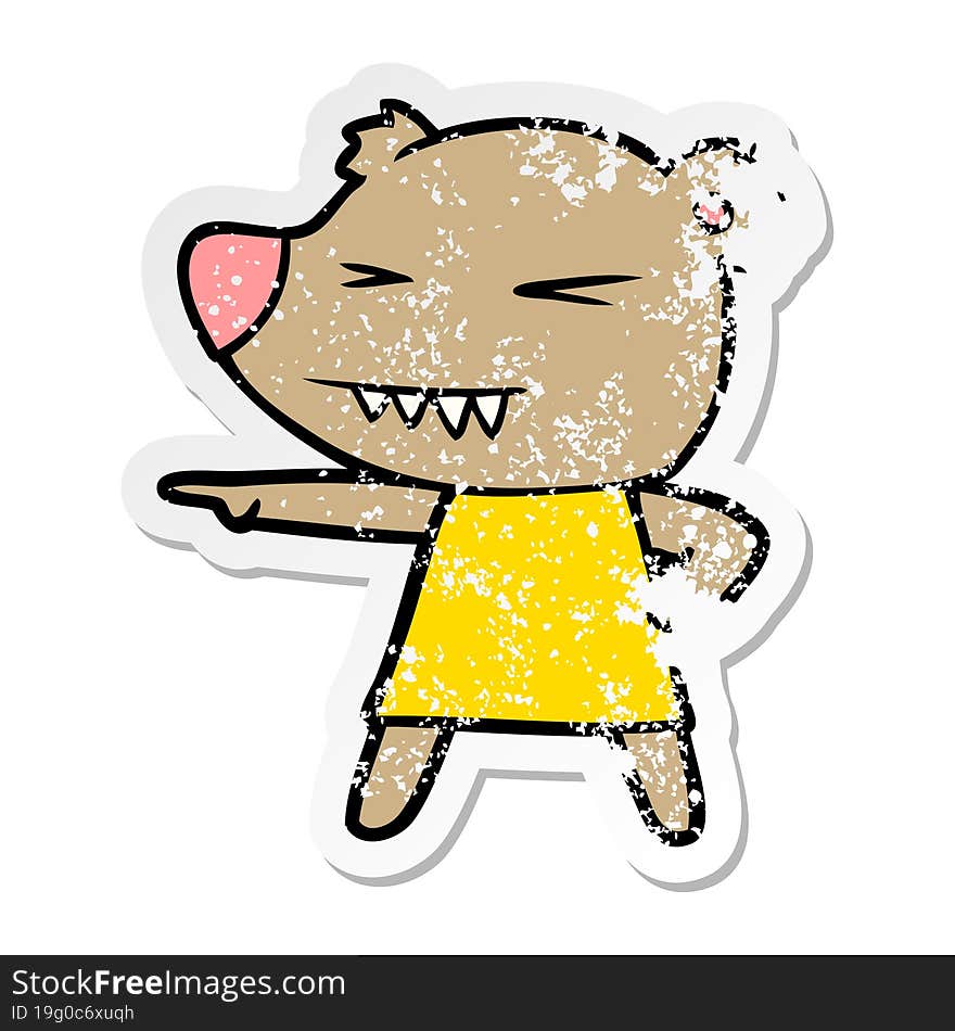 distressed sticker of a pointing bear cartoon