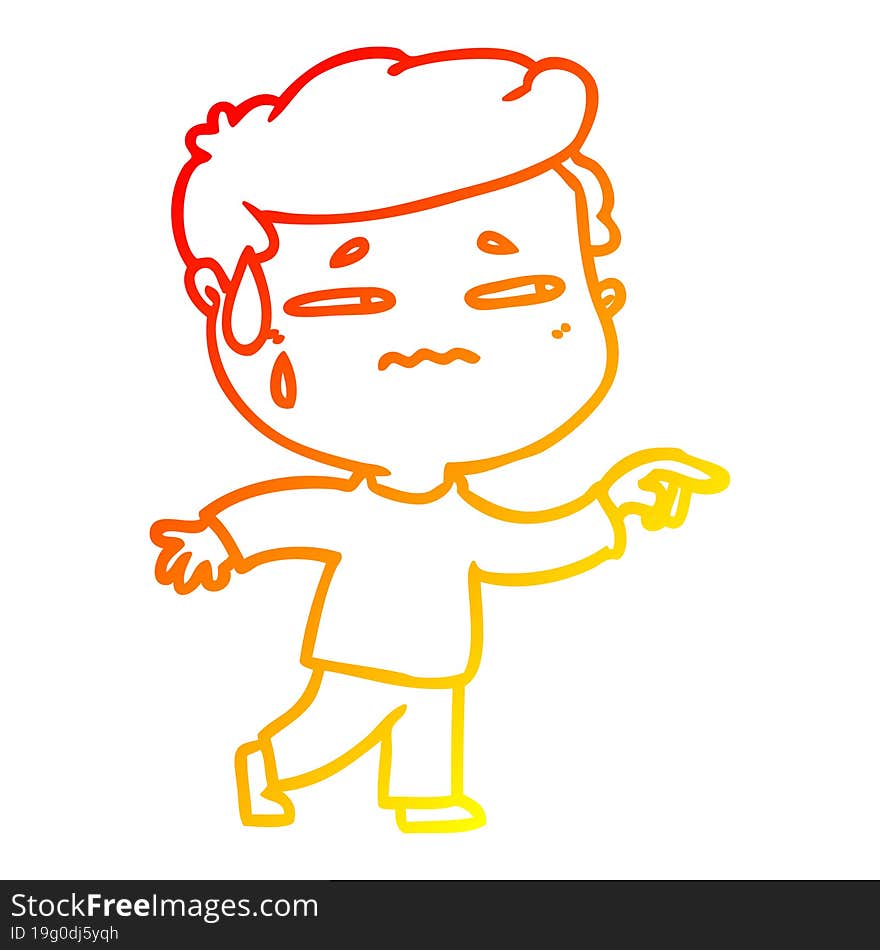 warm gradient line drawing of a cartoon anxious man pointing