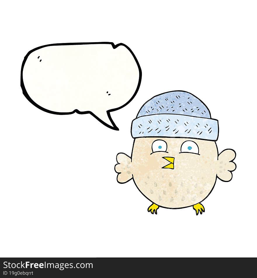 speech bubble textured cartoon owl wearing hat