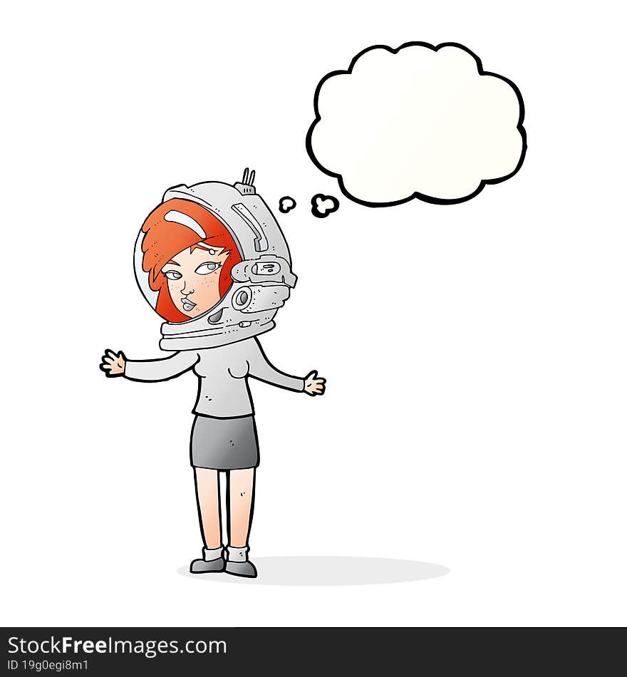 cartoon woman wearing astronaut helmet with thought bubble