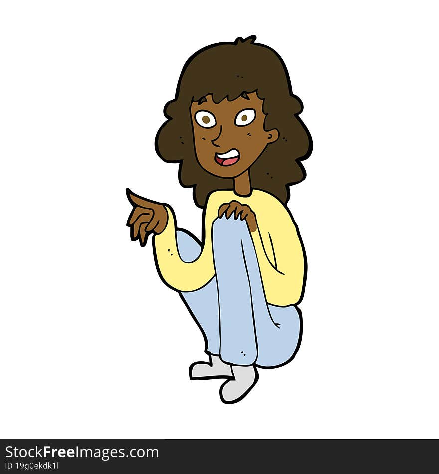 cartoon happy woman sitting and pointing