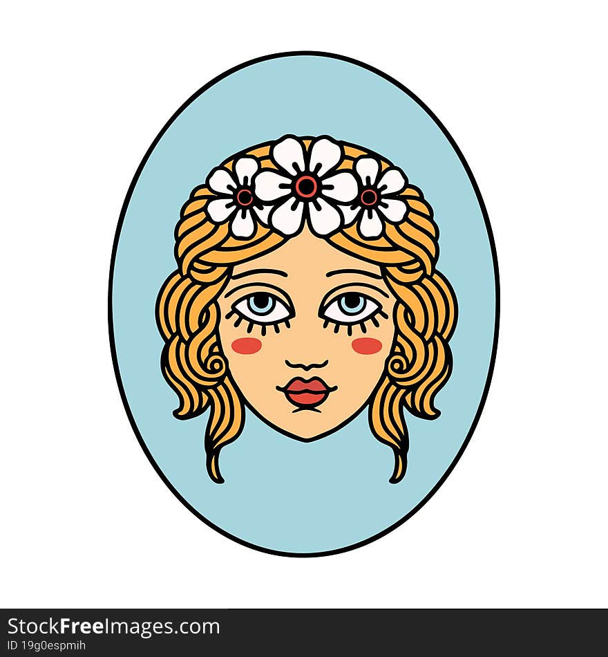 tattoo in traditional style of a maiden with flowers in her hair. tattoo in traditional style of a maiden with flowers in her hair