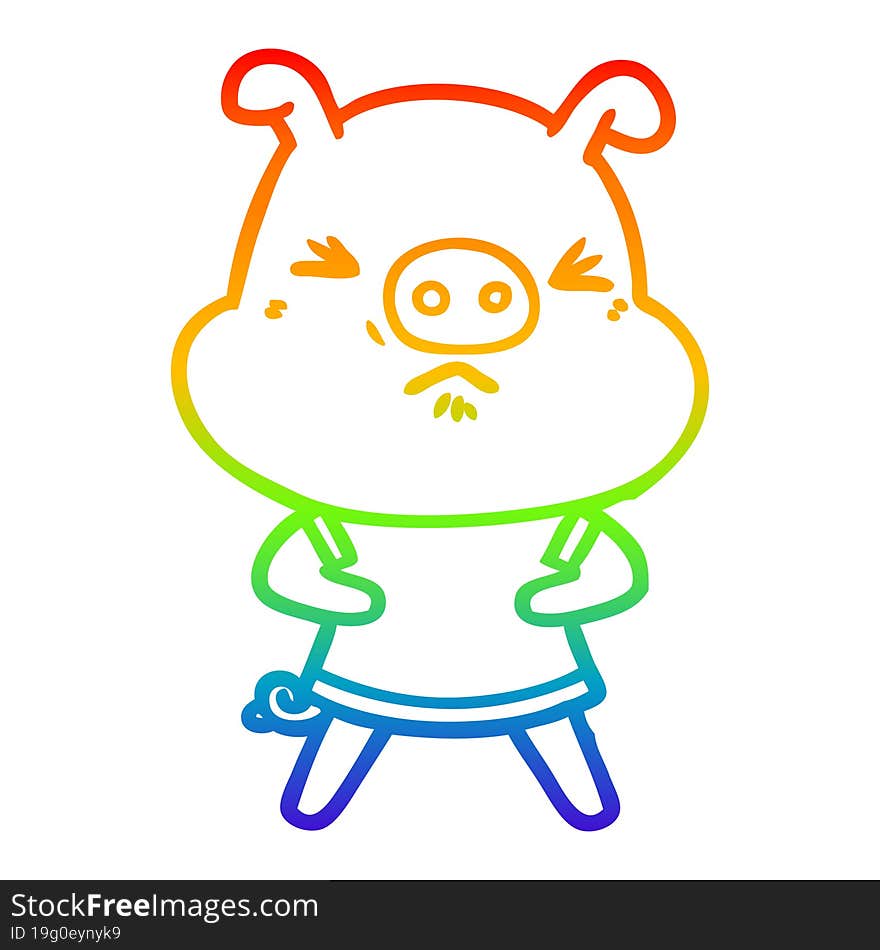 Rainbow Gradient Line Drawing Cartoon Angry Pig Wearing Tee Shirt