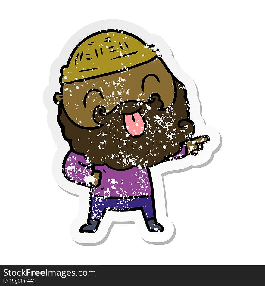 distressed sticker of a man with beard sticking out tongue