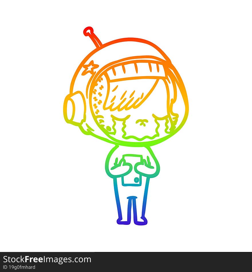 Rainbow Gradient Line Drawing Cartoon Crying Astronaut Girl