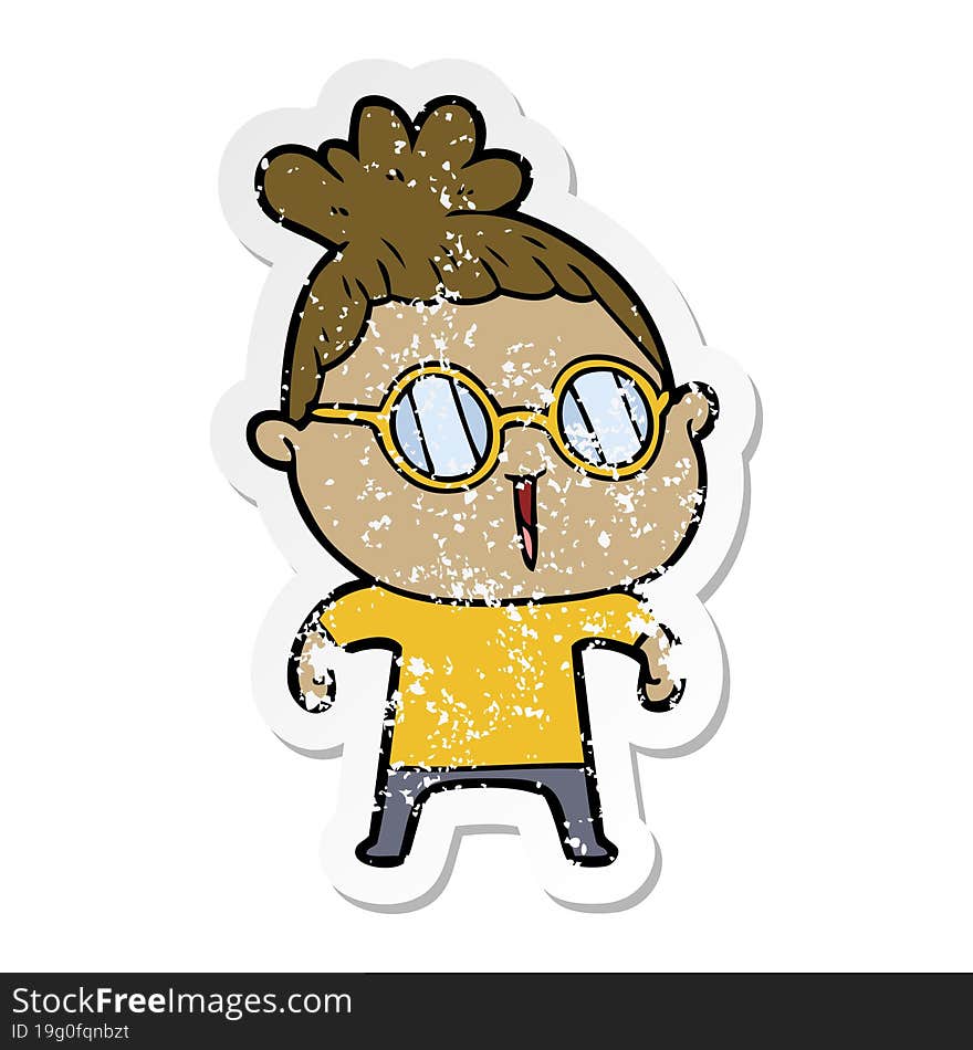 distressed sticker of a cartoon woman wearing spectacles