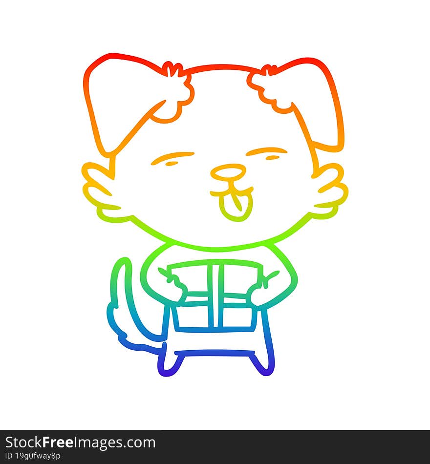 rainbow gradient line drawing cartoon dog with christmas present