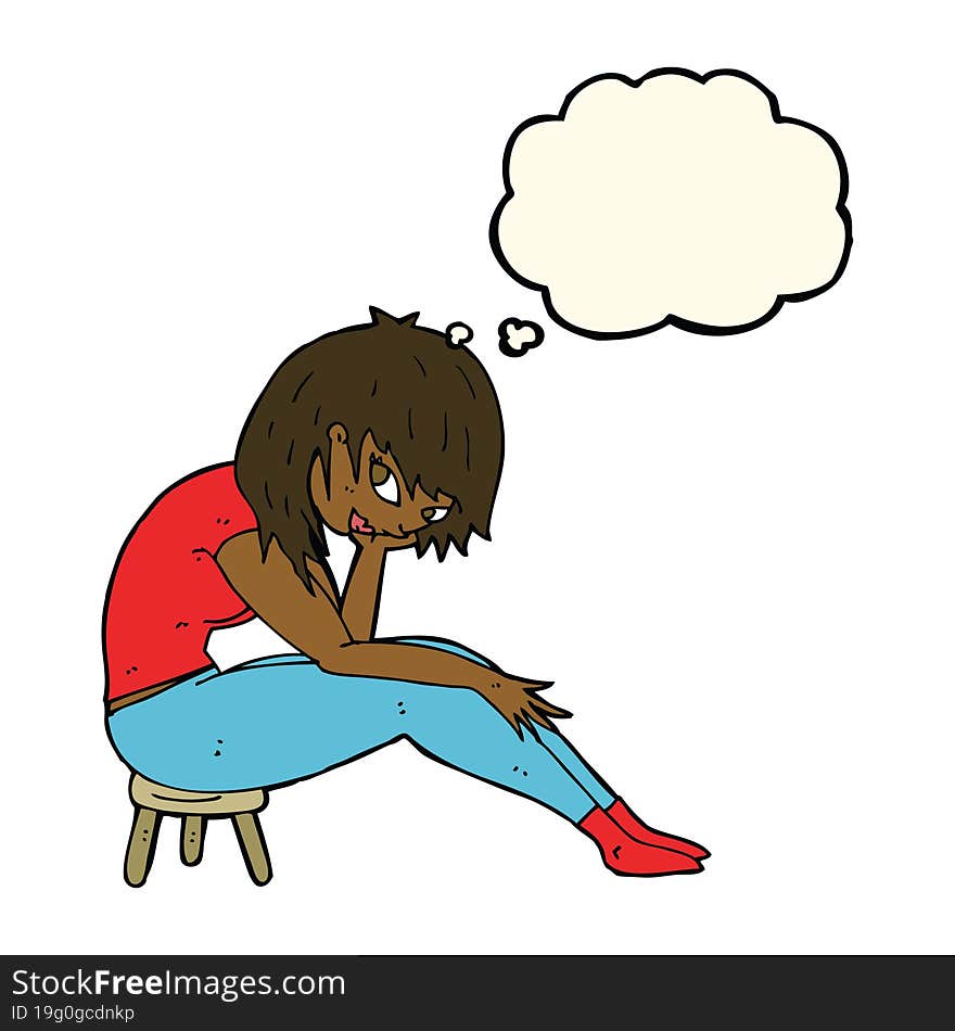 cartoon woman sitting on small stool with thought bubble