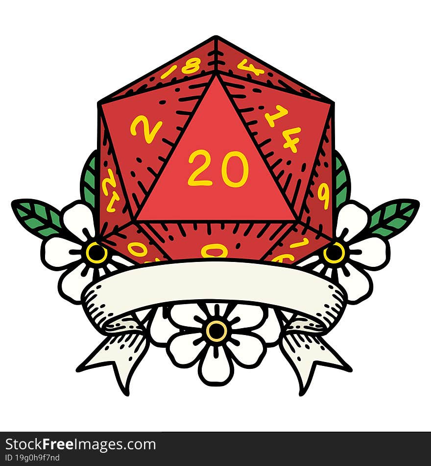 Retro Tattoo Style natural 20 critical hit D20 dice roll. Retro Tattoo Style natural 20 critical hit D20 dice roll