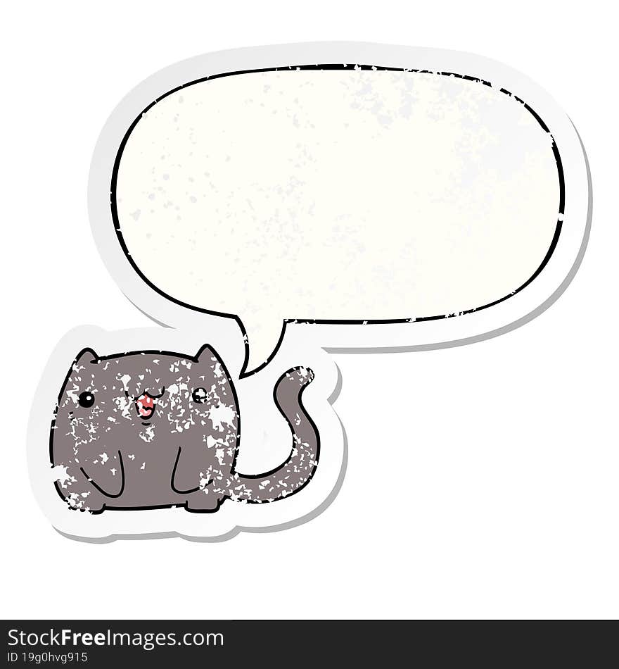 cartoon cat with speech bubble distressed distressed old sticker. cartoon cat with speech bubble distressed distressed old sticker