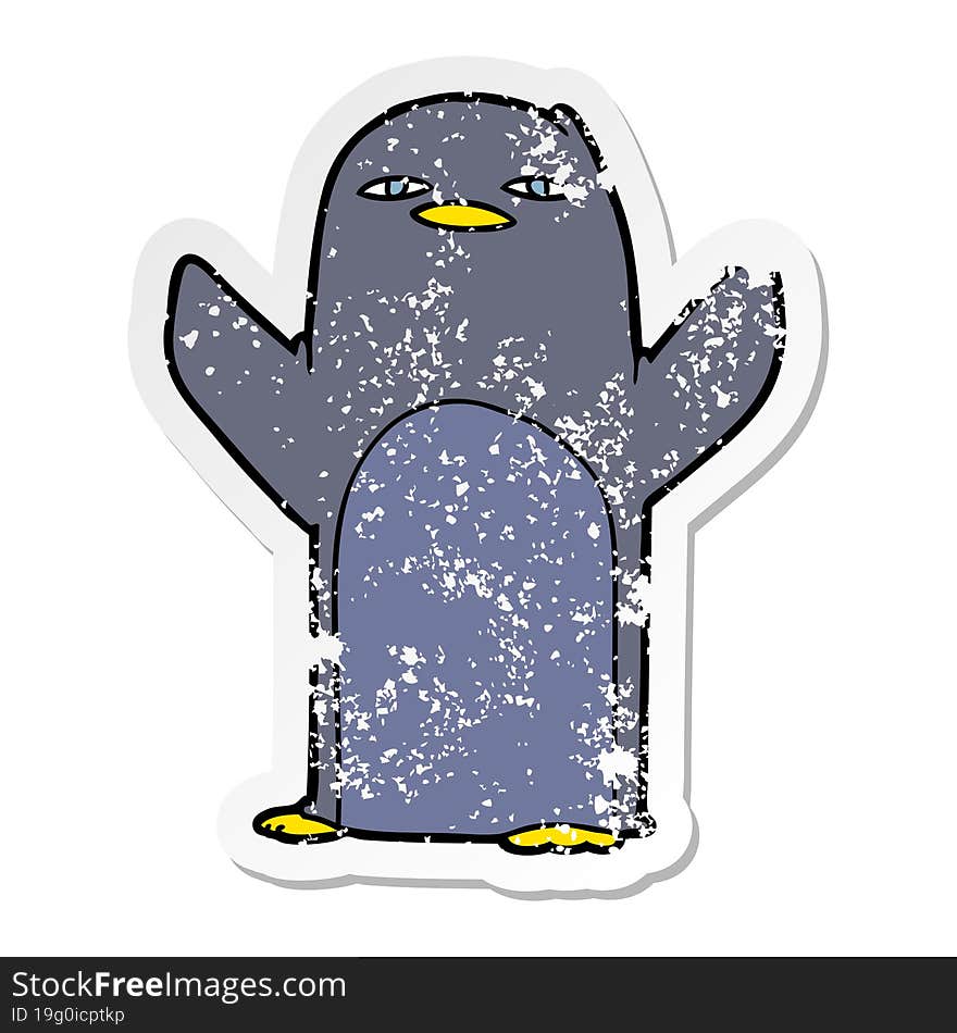 distressed sticker of a cartoon penguin