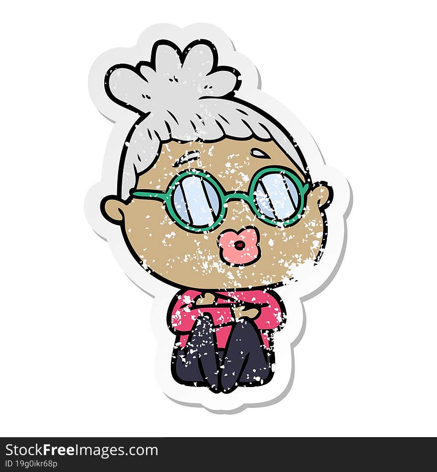 Distressed Sticker Of A Cartoon Sitting Woman Wearing Spectacles