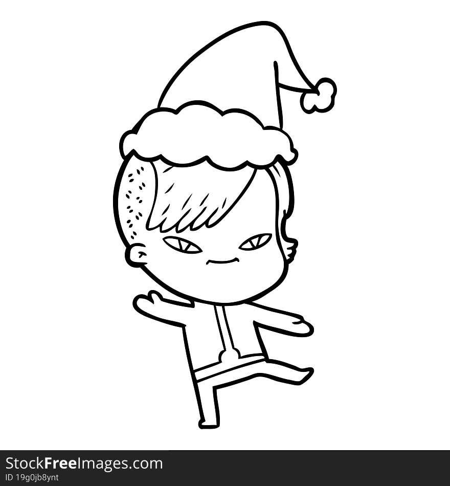 cute line drawing of a girl with hipster haircut wearing santa hat