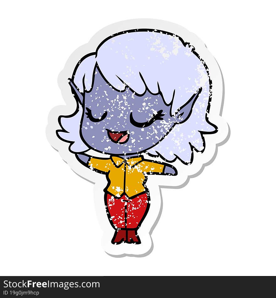 distressed sticker of a happy cartoon elf girl