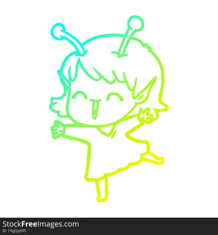 cold gradient line drawing of a cartoon alien girl laughing