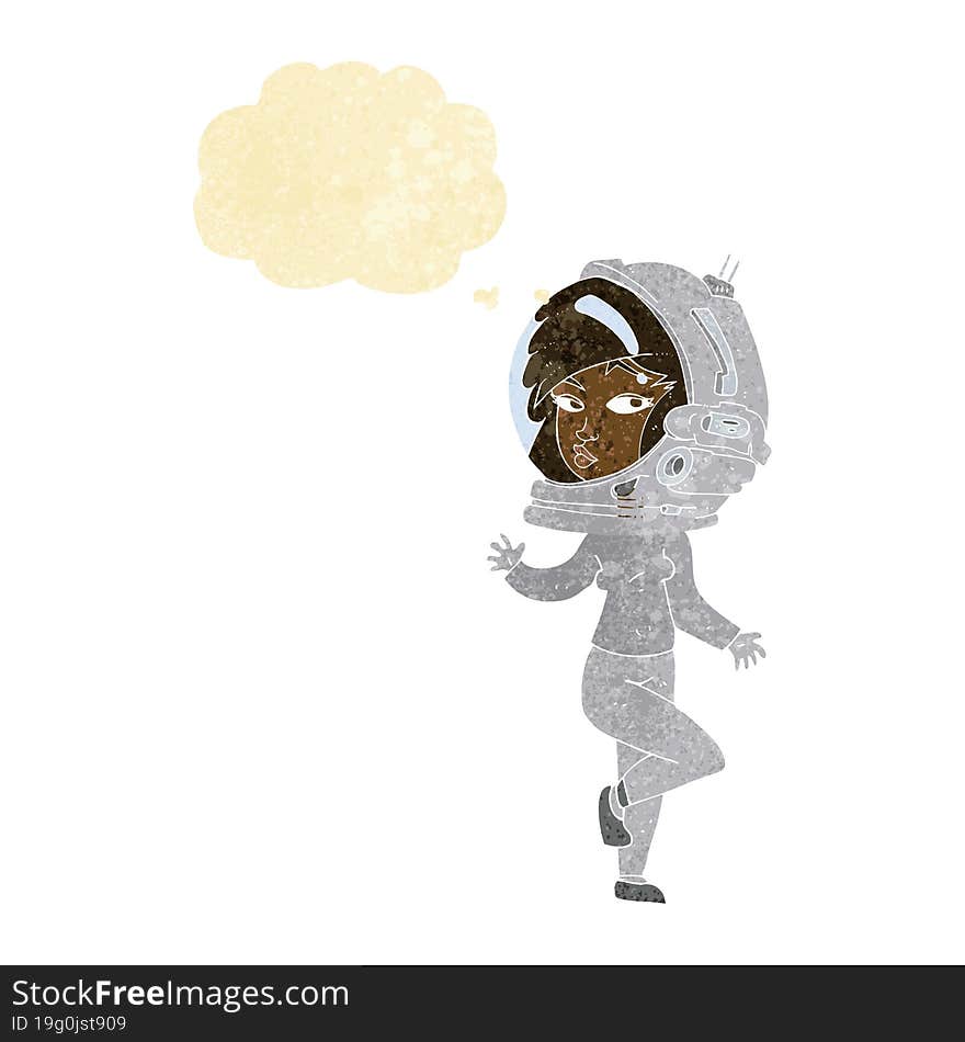 cartoon woman wearing space helmet with thought bubble