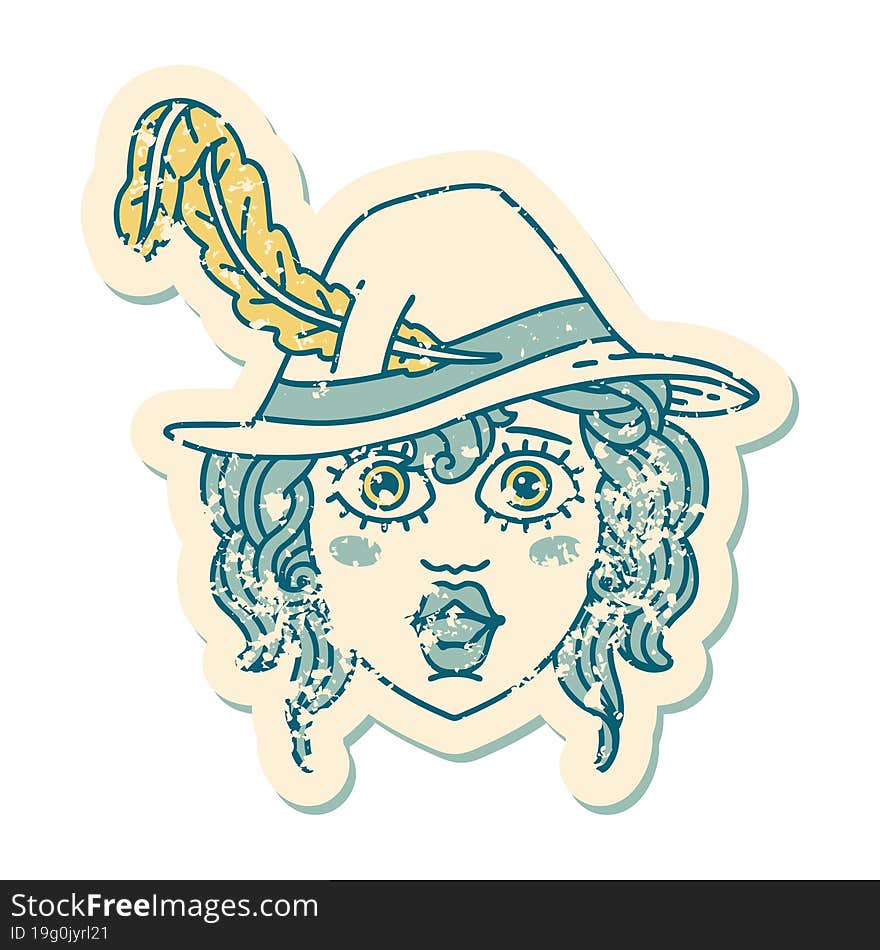 grunge sticker of a human bard character. grunge sticker of a human bard character