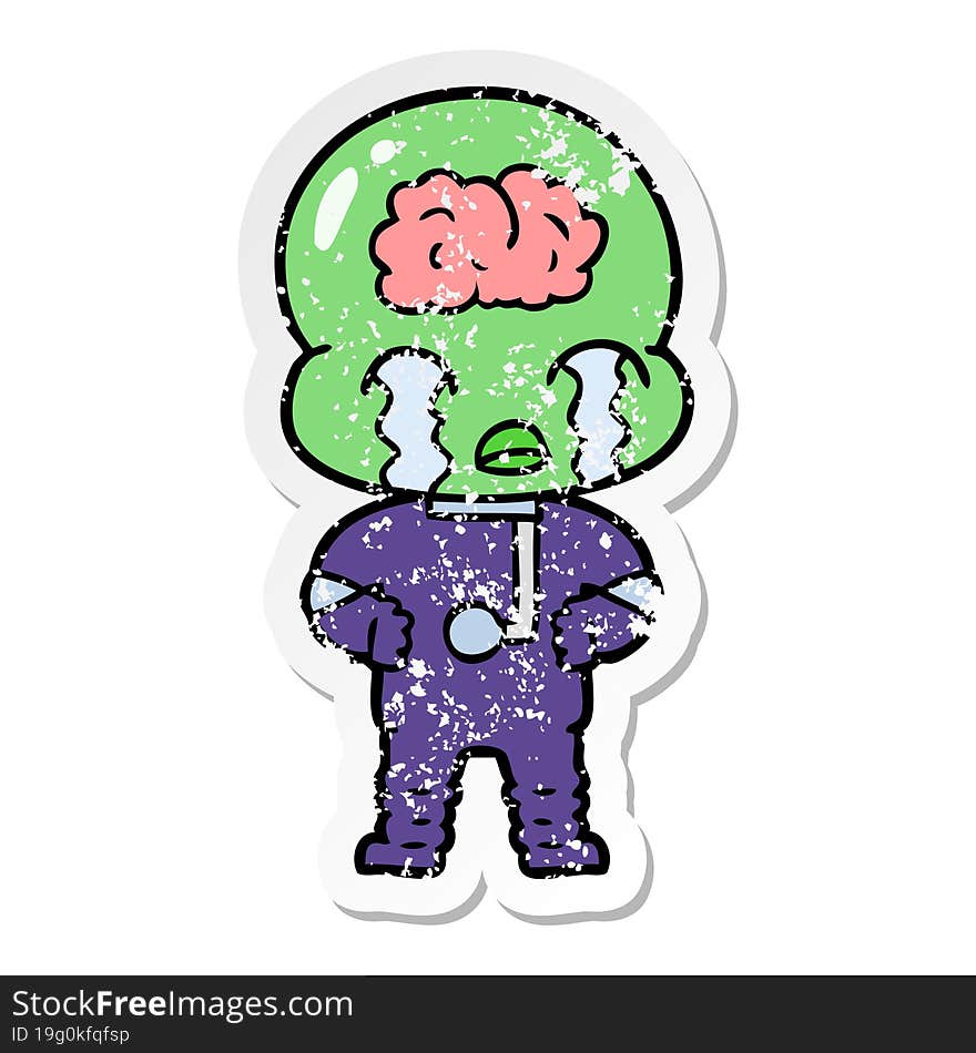 distressed sticker of a cartoon big brain alien crying