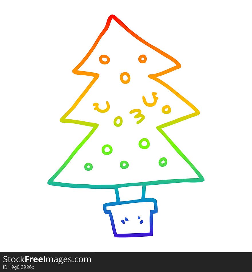 rainbow gradient line drawing of a cartoon christmas tree