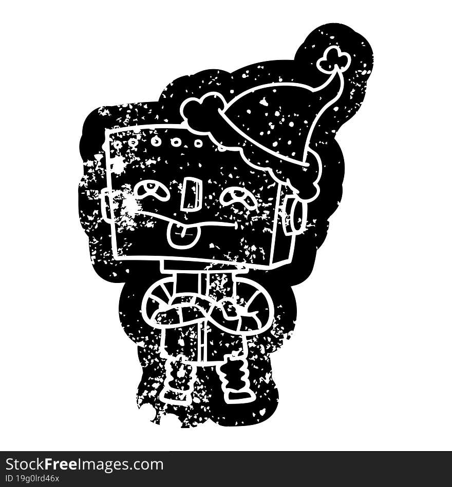 cartoon distressed icon of a robot wearing santa hat