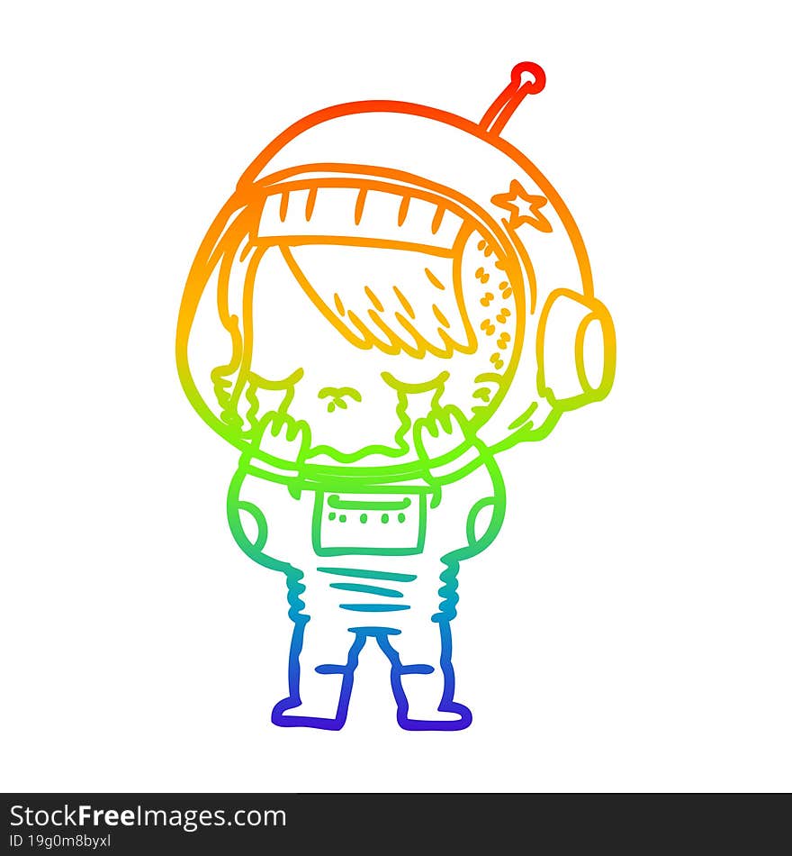 rainbow gradient line drawing cartoon crying astronaut girl