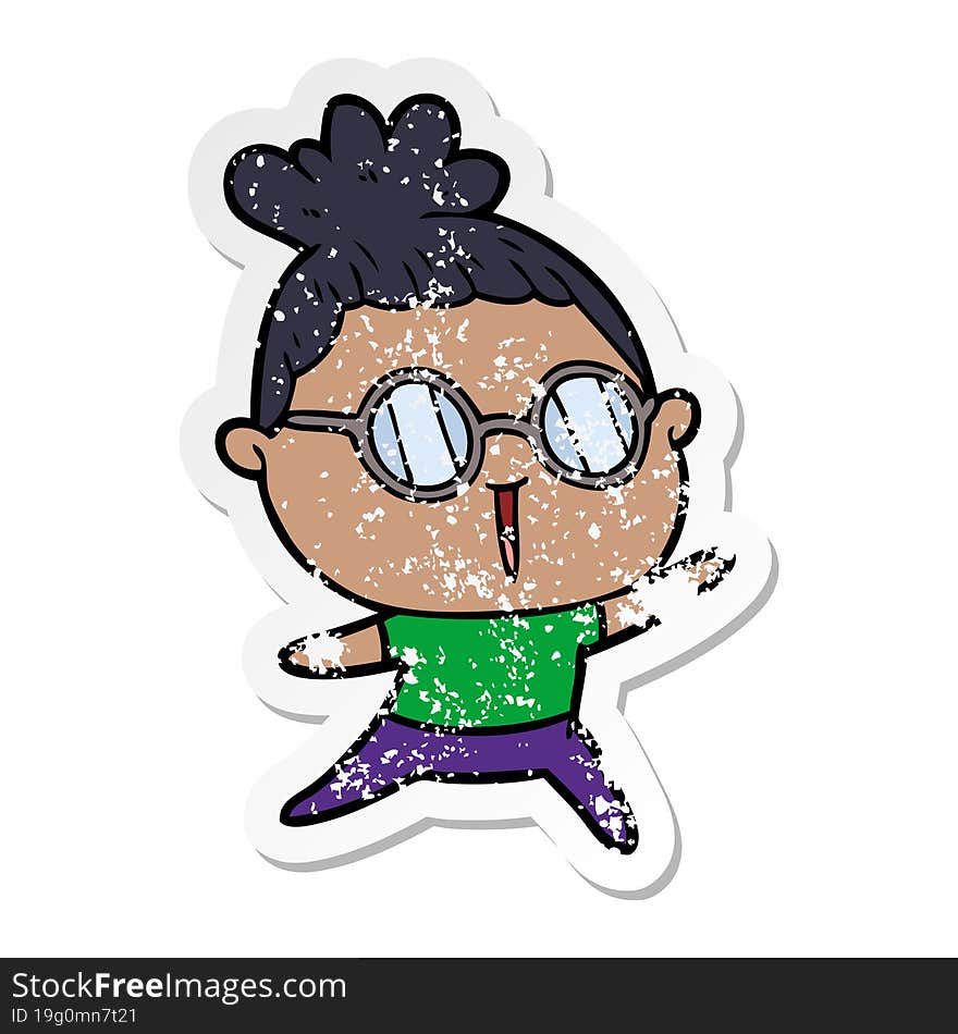 distressed sticker of a cartoon woman wearing spectacles