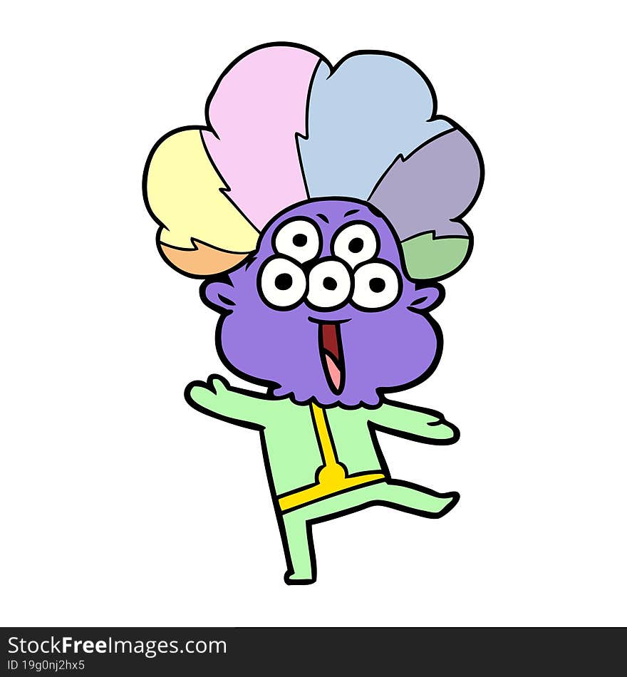 happy cartoon alien dancing in clown wig. happy cartoon alien dancing in clown wig