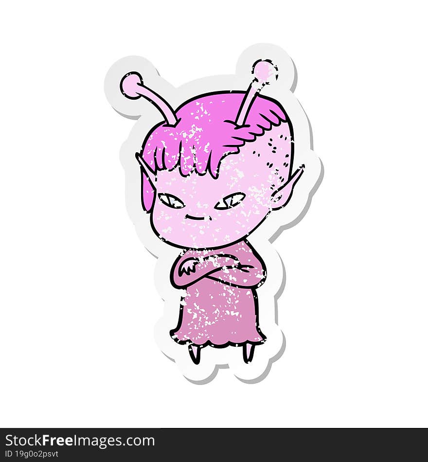 distressed sticker of a cute cartoon alien girl