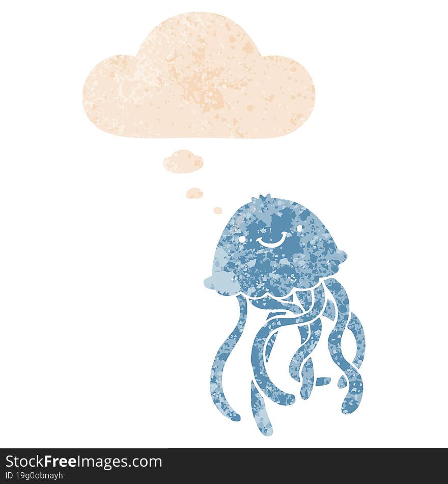 Cartoon Happy Jellyfish And Thought Bubble In Retro Textured Style