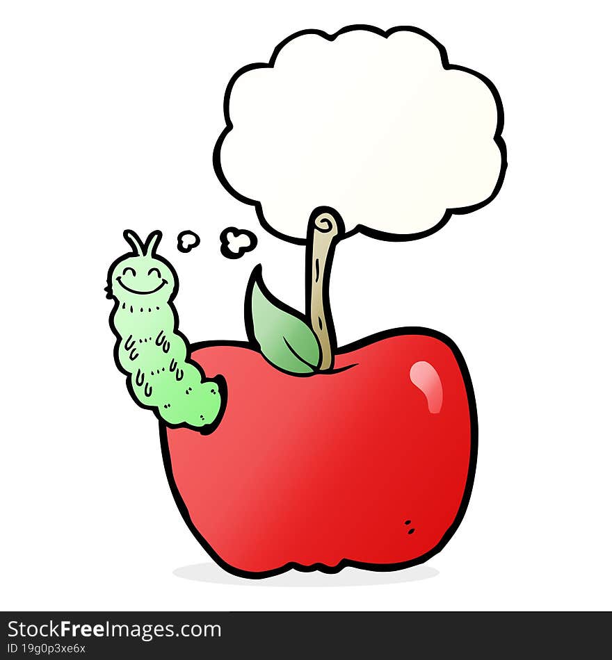 cartoon apple with bug with thought bubble