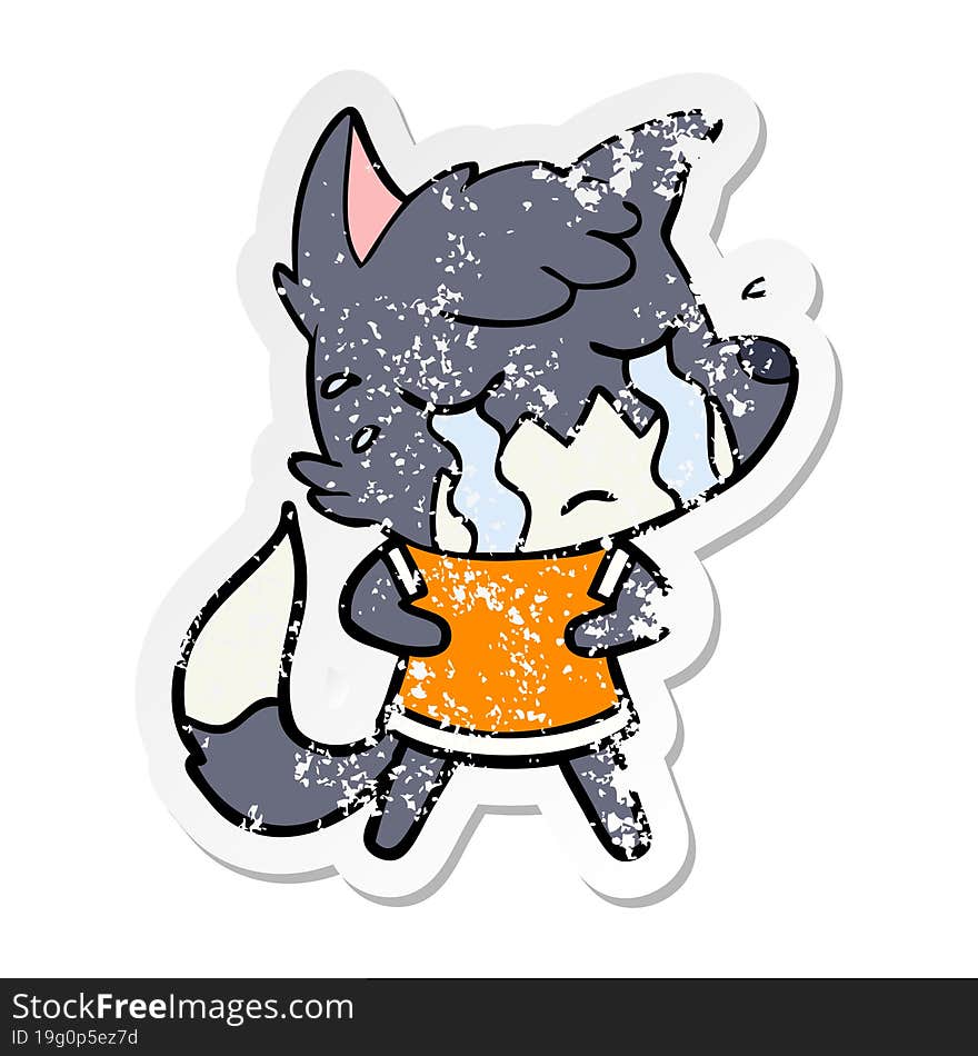 Distressed Sticker Of A Crying Fox Cartoon