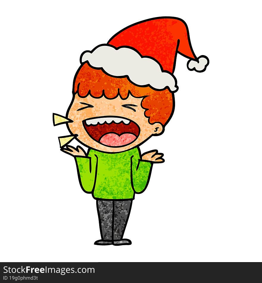 textured cartoon of a laughing man wearing santa hat