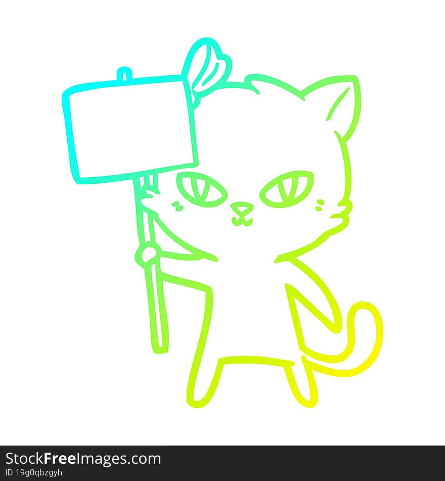 cold gradient line drawing of a cute cartoon cat with protest sign