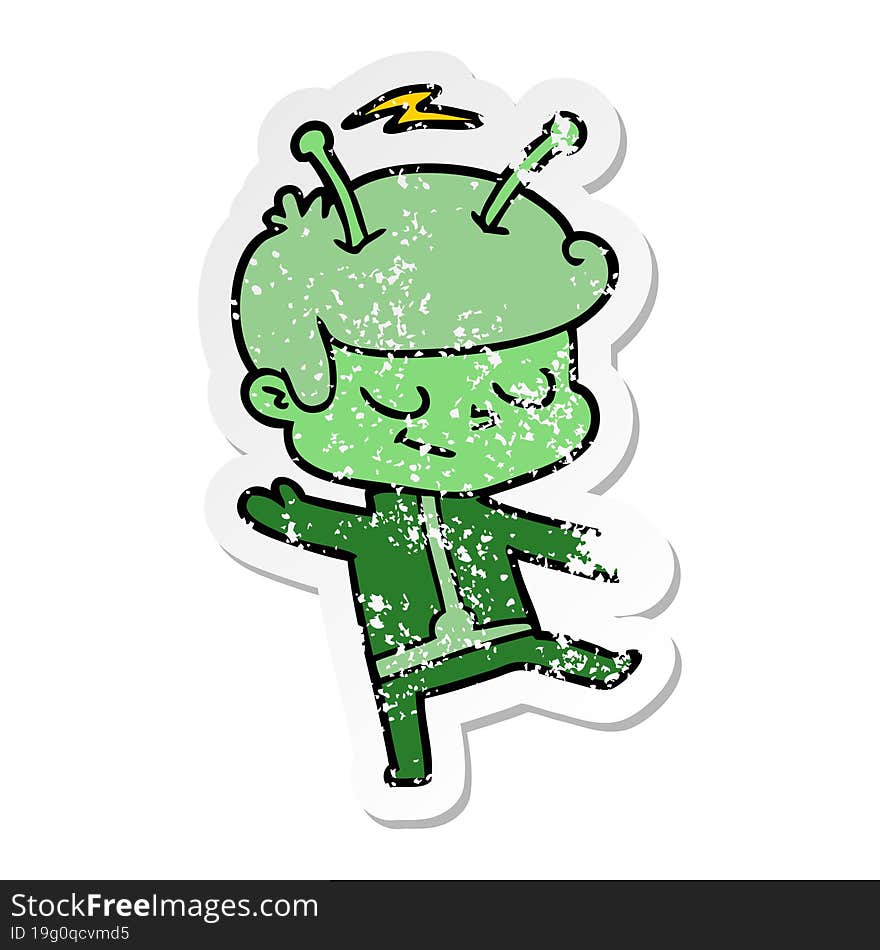 distressed sticker of a friendly cartoon spaceman dancing