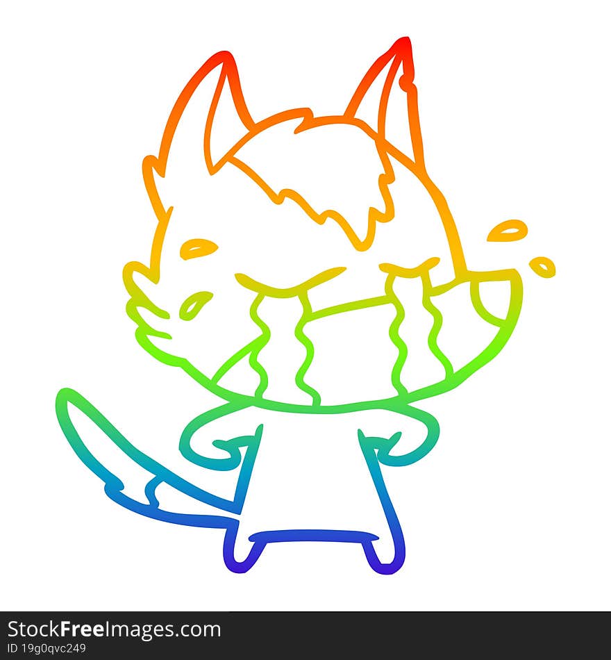 rainbow gradient line drawing of a cartoon crying wolf