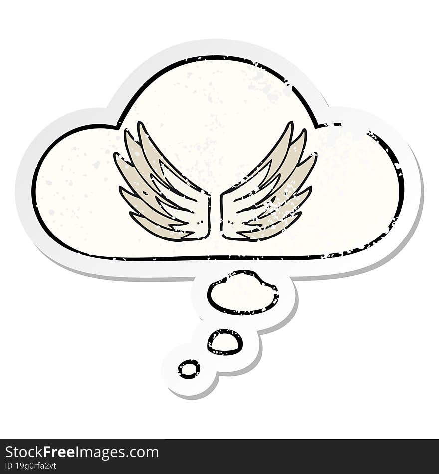 cartoon wings symbol with thought bubble as a distressed worn sticker