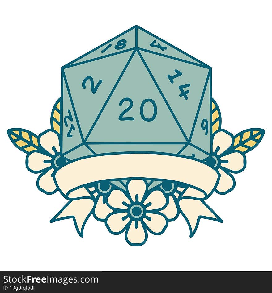 Retro Tattoo Style natural 20 critical hit D20 dice roll. Retro Tattoo Style natural 20 critical hit D20 dice roll