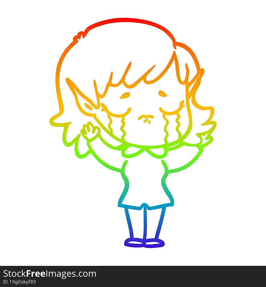 rainbow gradient line drawing cartoon crying elf girl