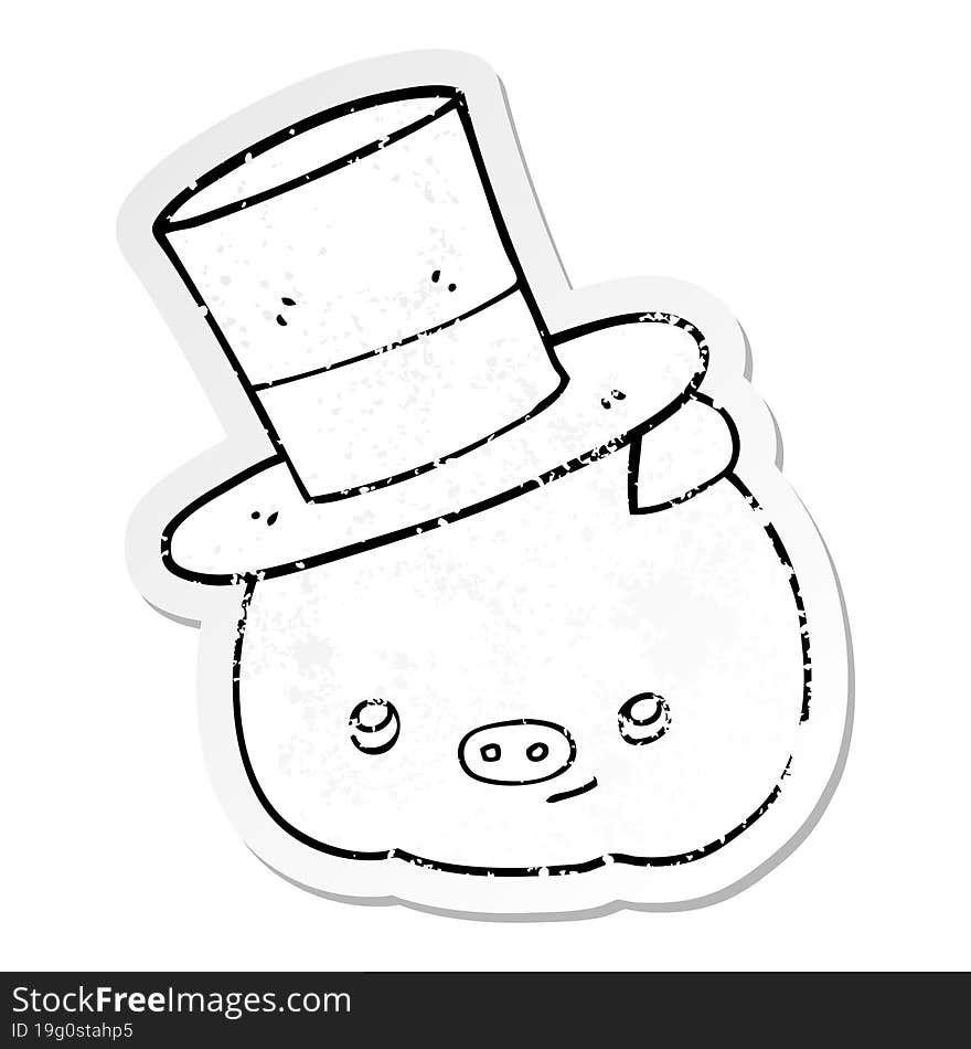 distressed sticker of a cartoon pig wearing top hat