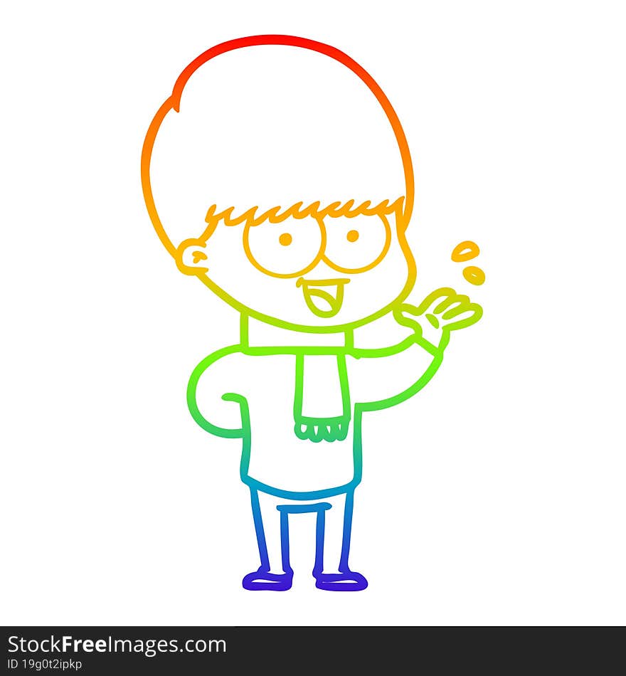 Rainbow Gradient Line Drawing Happy Cartoon Boy Waving