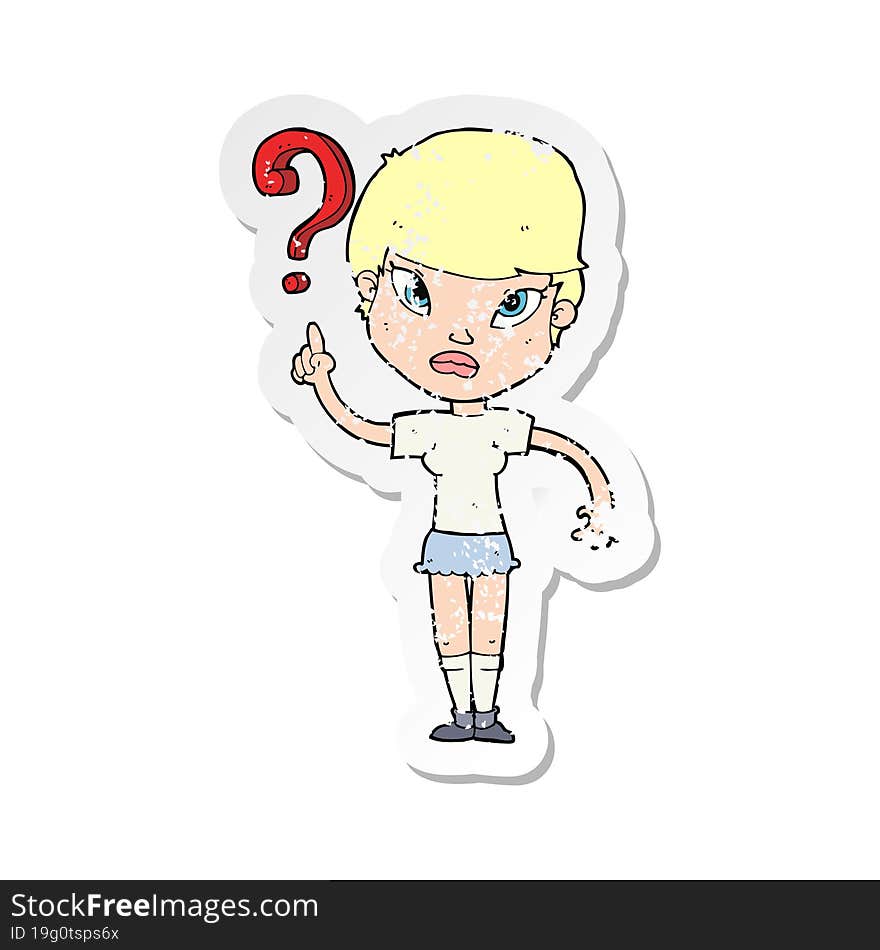 retro distressed sticker of a cartoon woman asking question