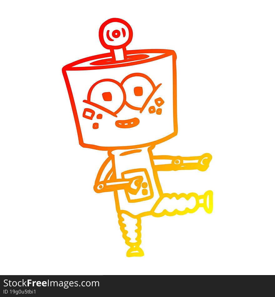 warm gradient line drawing of a happy cartoon robot dancing