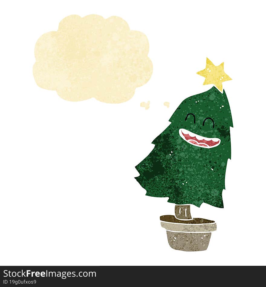 cartoon dancing christmas tree with thought bubble